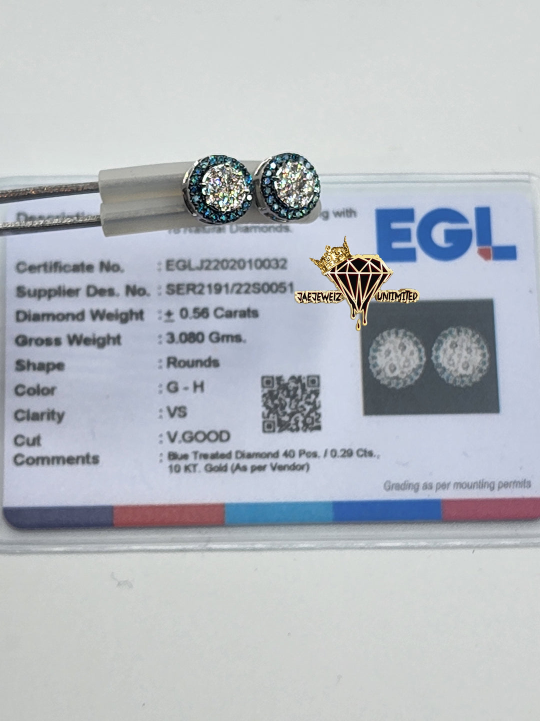 10k White Gold(VS) Blue/White Diamond Super Flowers W/ Halo (Cert Card)